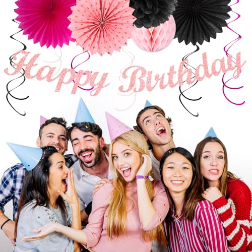 Image of Hot-Pink Black Girls-Women Birthday Party-Decorations - 21pcs Baby Happy Banner, Paper Streamers Lanterns,Tissue Pom Poms Fan,Backdrop Decor Huglony