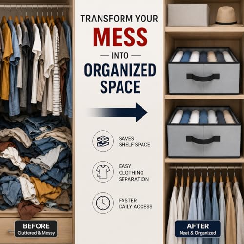 Image of 7 Grids Non Woven Storage Box, Cloths Drawer Organizer Wardrobe Drawer Organizer For Jeans, Tshirt, Leggings, Sweaters Jeans Pants Storage Organizer Box grey
