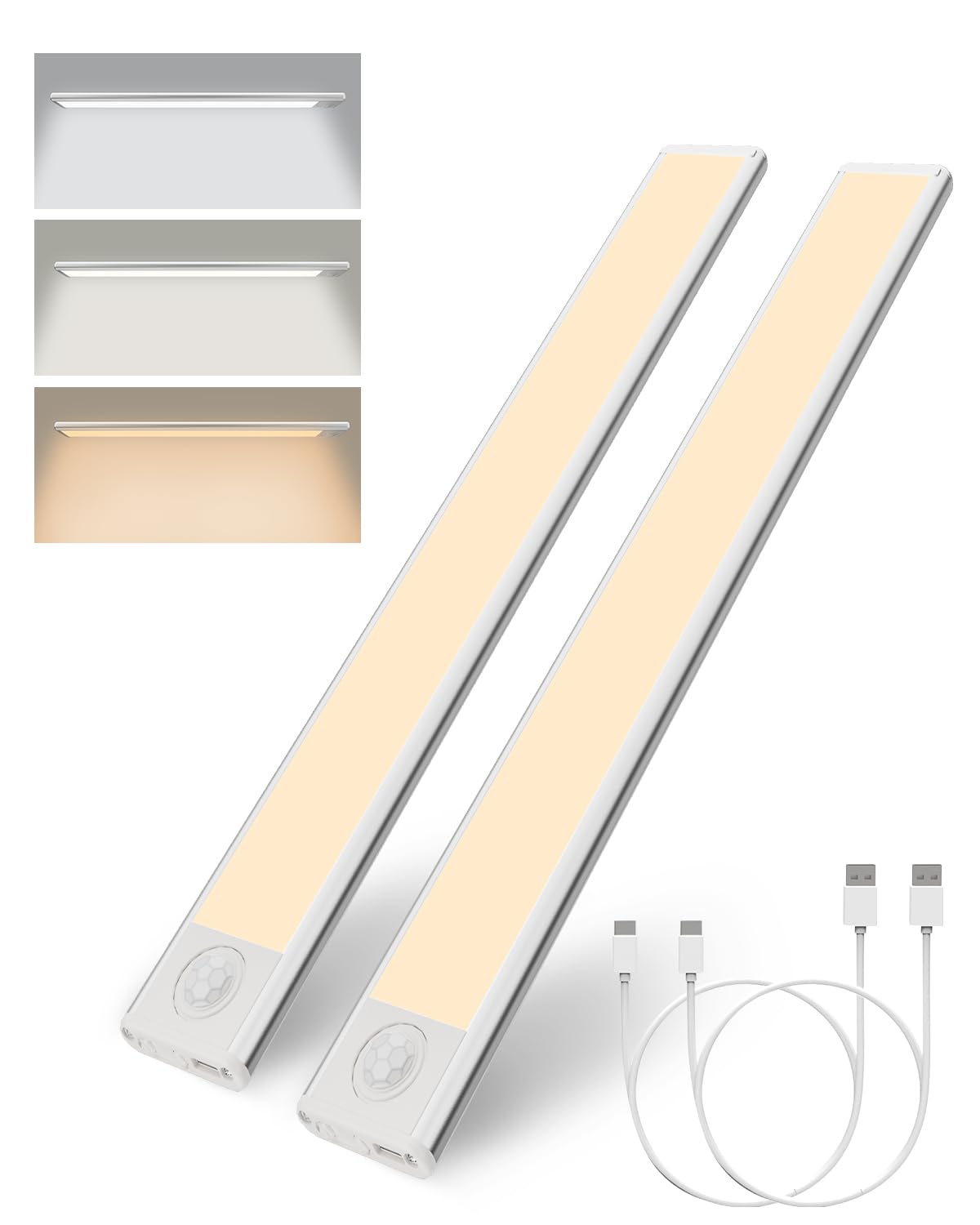 Likohee 74LED Luz de Armario,40cm Luces Inalámbrica con Sensor de Movimiento,3 Colores, Magnética, Lámpara LED Recargable para Cocina, Dormitorio, Armario, Escalera, Baño-2 Piezas