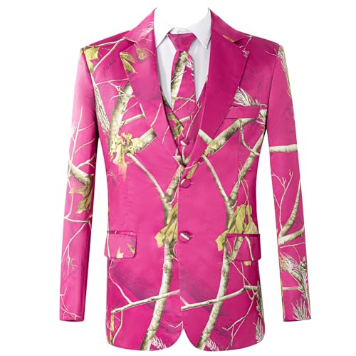 Men's Slim Fit 2 Piece Two Button Suit, Notch Lapel Jacket Pants Suit Set with Tie, Casual Rose Red Tuxedo Set2