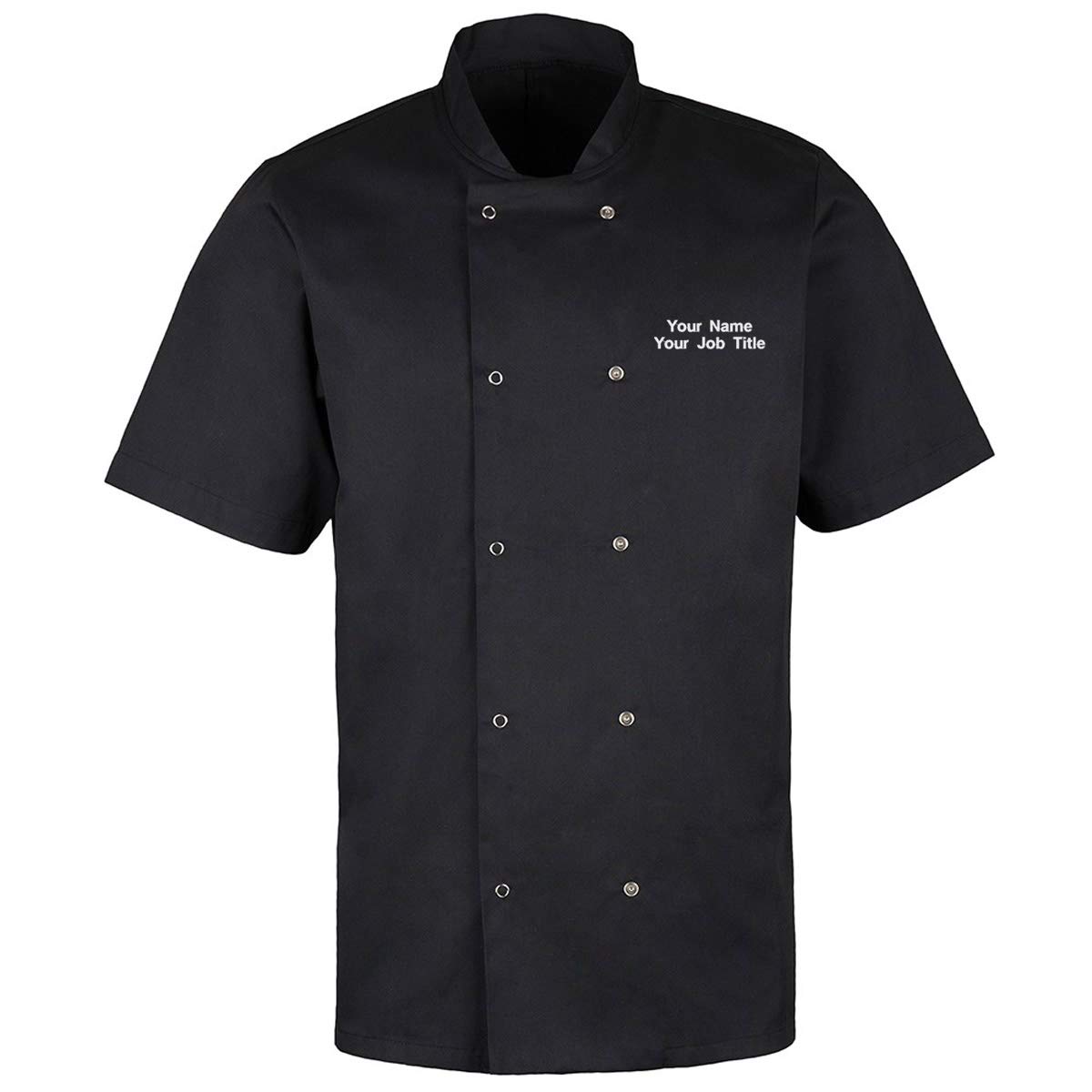 Workwear World Personalised Essential Value Unisex Short Sleeve Stud Fastening Chef Jacket with Custom Embroidered Name (XXL, Black)