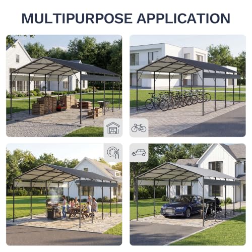 Image of Greesum 12x20FT Heavy Duty Metal Carport with Side Support Rods, Gray