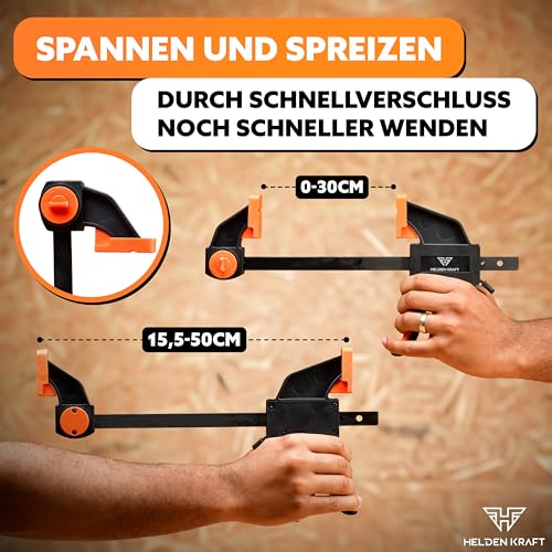 HELDENKRAFT® Einhandzwinge [2 Stück] - Zwingen Set mit hochwertigen Klemmen zum Spannen [bis 300mm] & Spreizen [155-500mm] - ergonomische Klemmzwingen mit einer Spannkraft bis 70 kg