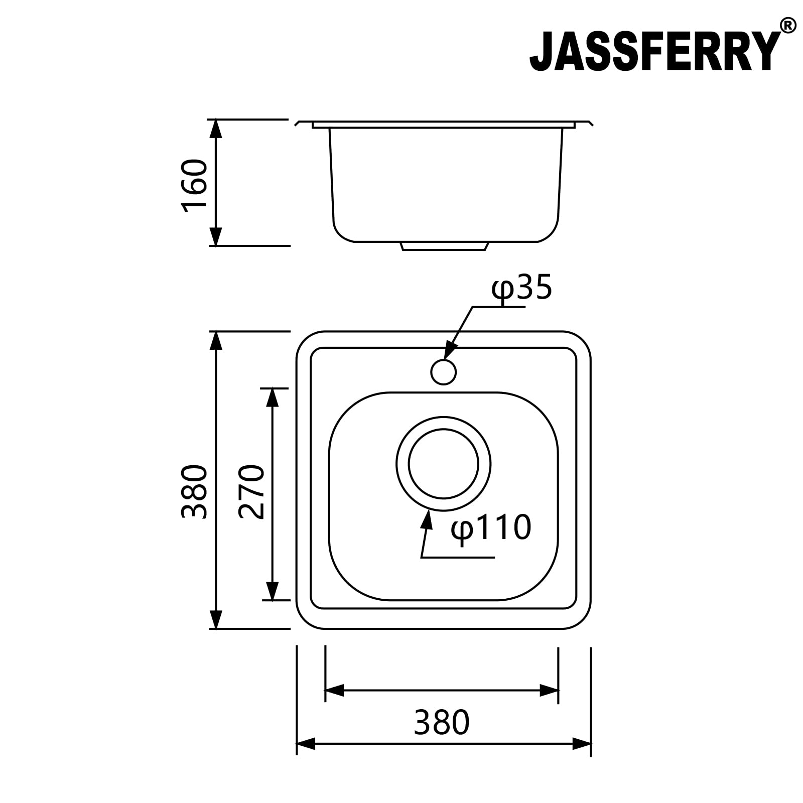 JASSFERRY Évier de cuisine encastrable en acier inoxydable 1 bac 380 x 380 mm