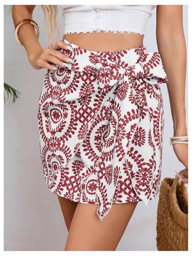 Image of Milumia Women's Summer Boho Wrap Skirt Floral Print High Waisted Knot Side Short Vacation Beach Mini Skirt