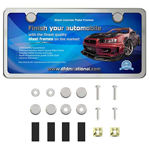 Mirror Polished Anti-Theft License Plate Frame 304 Stainless Steel Includes US/Import Style Steel Screws, Bolts and Caps 2 Hole Frame Security Designed Semi-Permanent by DFDM National