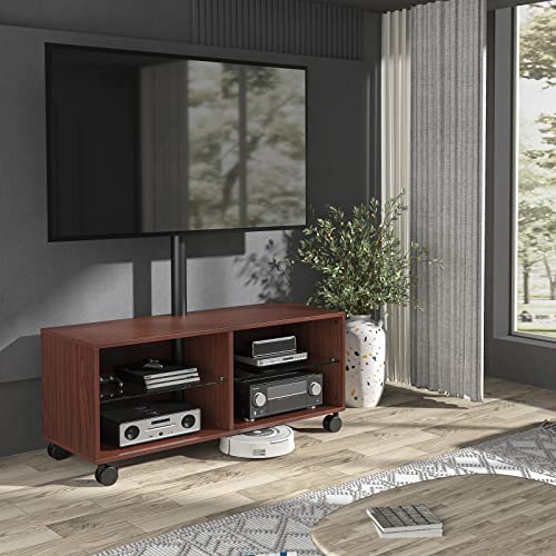 Rfiver Swivel Wood TV Stand on Wheels with Mount for 32-70 Inch Flat Screen TVs, Rolling Entertainment Center with 4-Shelf Storage for Media Console, Universal Floor TV Stand Cabinet for Home, Walnut - Image 3