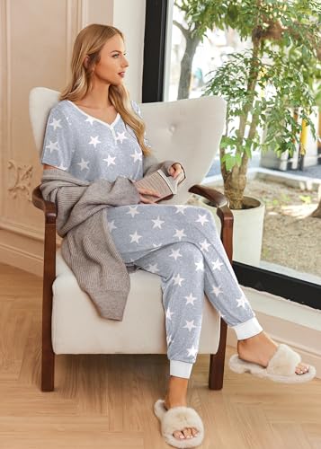 Ekouaer Pajamas for Women Set 2 Piece Lounge Set Short Sleeve Pjs Joggers Long Pants Sleepwear with Pockets3