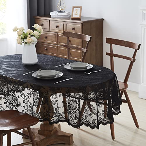 LinenZone Beautiful Oval Lace Tablecloth with Elegant Scalloped Bottom for Any Special Event Such as Wedding, Birthday Party, Baby Shower, Anniversary. Sits 6 to 8 People. (Luna TC 84 Oval, Black)