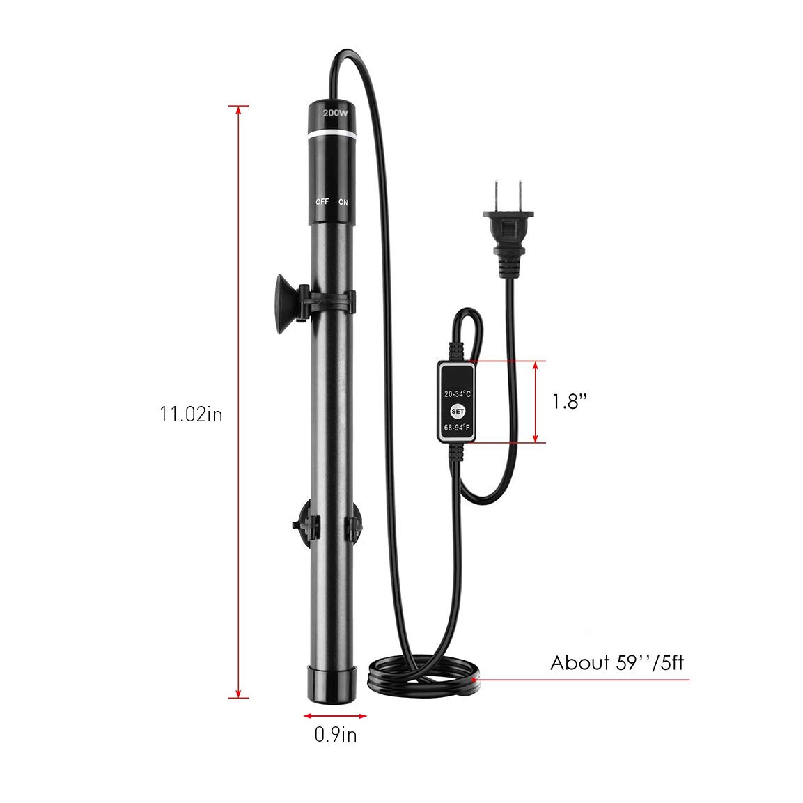 MQ - Chauffage d'aquarium en alliage de titane 50/200 W pour eau salée et eau fraîche, affichage LED numérique submersible avec driver de thermostat externe, pour aquarium de 5 à 40 gallons, 200 W