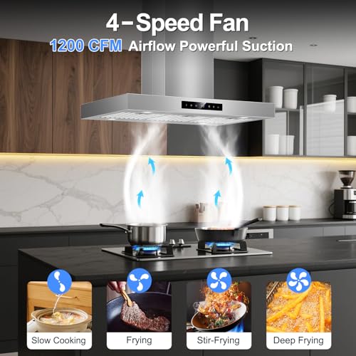 Image of 36 inch Island Range Hood Ceiling Mount 1200 CFM with 4-Speed Gesture Sensing & Touch Control, Ducted /Ductless Stainless Steel Kitchen Stove Vent Hoods with 4 LED Lights, Timer,Dishwasher-Safe Filters