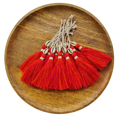 Image of Zippy Flora Handmade Cotton Tassels with Cowrie Shells for DIY & Crafts Project, Pack of 10 (Mix- Dark Pink & Orange)