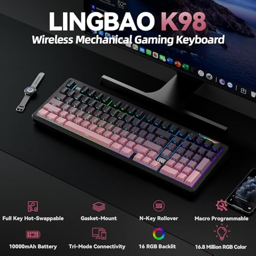 Image of LINGBAO K98 - 96% Wireless Mechanical Keyboard, Tri-Mode BT5.0 /2.4GHz /USB-C, Creamy Keyboard with Number Pad, Gasket Hot Swappable Linear Switches RGB Backlit Gaming Keyboards for Win /Mac /PC, (Pink)
