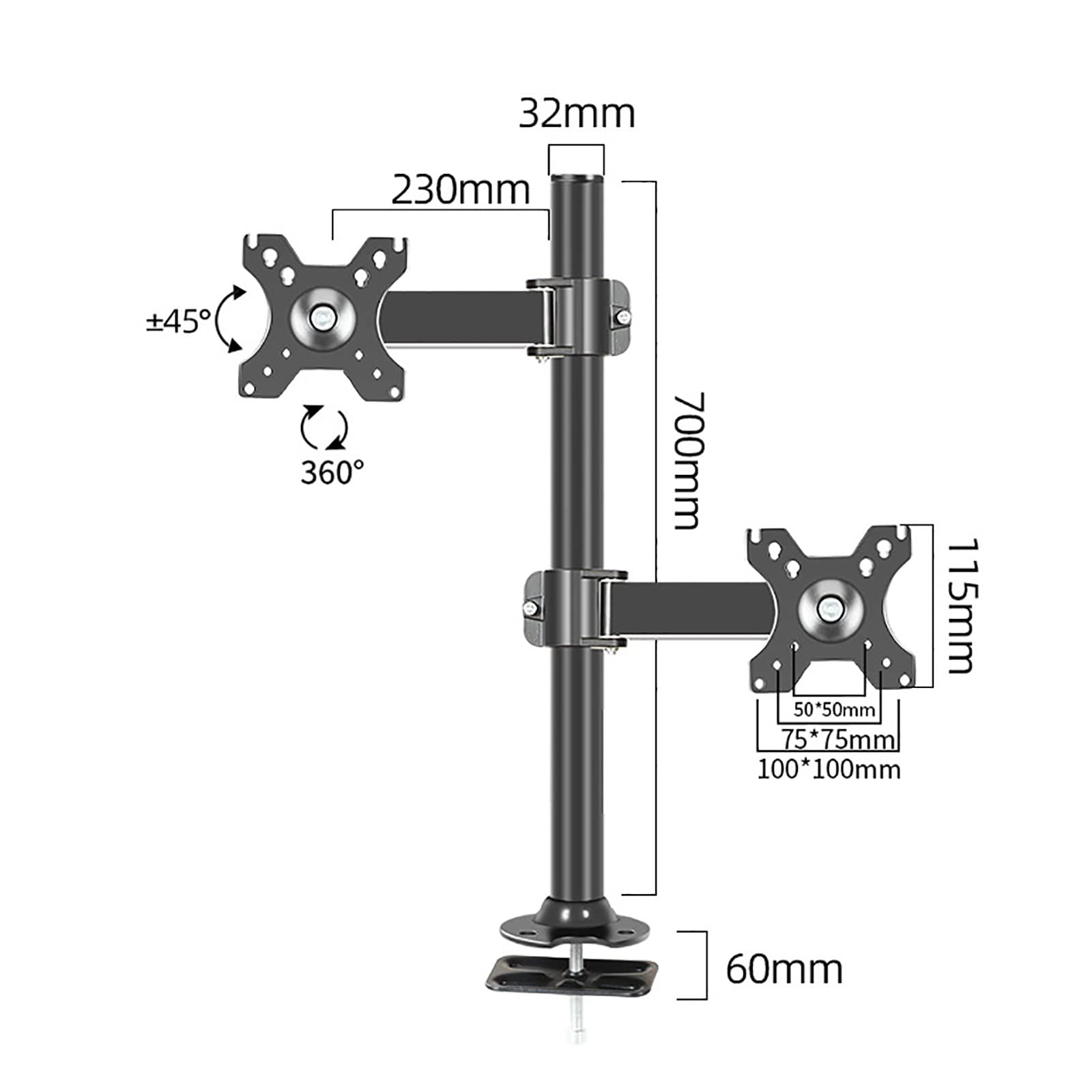 Supporto per Doppio Monitor, Supporto da Scrivania con Base Passacavo, per Due Schermi LCD Piatti O Curvi da 14-32 Pollici, Supporta Fino A 8 Kg/17,6 Libbre.