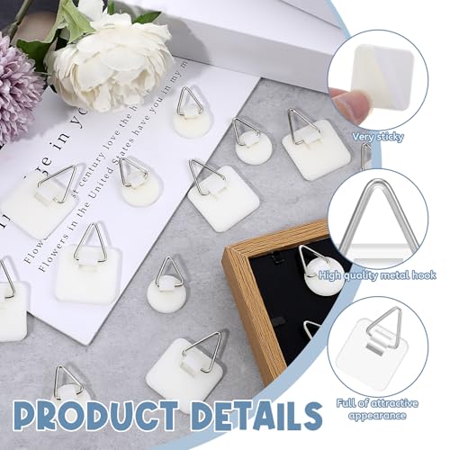 Image of 60 Pcs Adhesive Picture Hanger Wall Plate Holders Plastic Picture Hanging Hooks Vertical Sticky Photo Hooks Without Nails Plate Holder for Home Photo Frame Wall Art