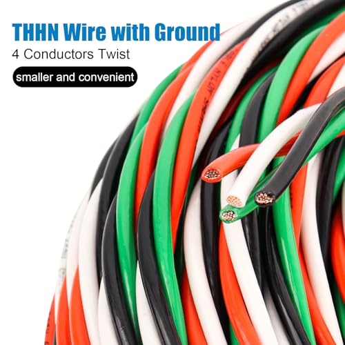 Image of THHN Wire 12 Gauge 150 FT 4 Conductors Copper Wire Black Red White Green, 12 /3 AWG Copper Wire with Ground 600V Building Wire Nylon Jacket for Residential, CNC, Ground, Industrial