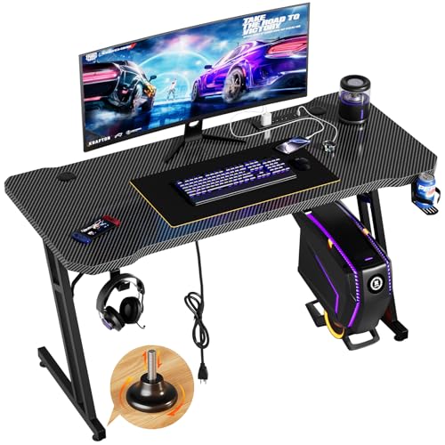 Image of Czlolo 47 Inch Gaming Desk with Power Outlets, L-Shape Leg Computer Desk, Gamer Desk for Small Space, Wtih Cup Holder, Headphone Stand, USB＆ Tpye-C Ports, Carbon Fiber Surface, Black