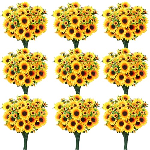 saerryor 9 Bunches Artificial Sunflower Bouquet Fake Silk Sunflower Flowers Realistic Silk Sunflowers for Home Hotel DIY Craft Wedding Party Decoration Indoor and Outdoor Decor
