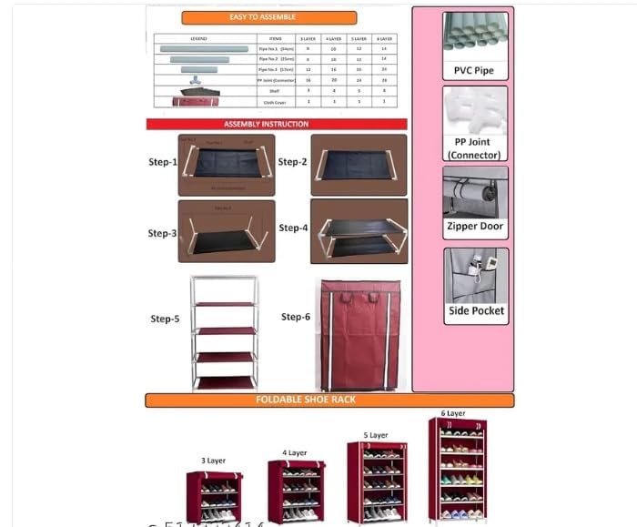 NAAM 6 Tier Shoe Rack with Dust-Proof Zipper Cover, Foldable Portable Shoe Organizer for Home, Multi Layer Space Saving Shoe Storage Stand for Entryway Bedroom (Black) 3