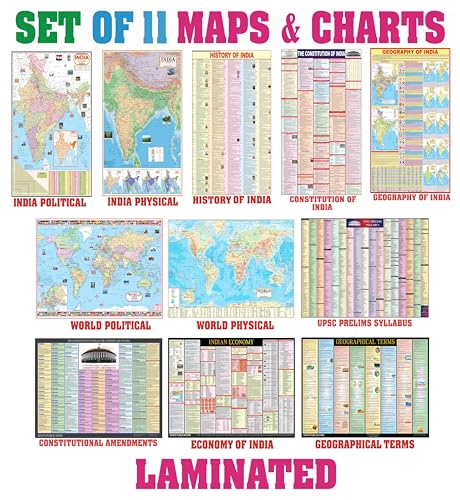 Image of Complete set of UPSC Maps & Charts Laminated | Set of 11 | India & World Map with Constitution of India, Constitutional Amendments, Indian History, Indian Economy, Geography of India