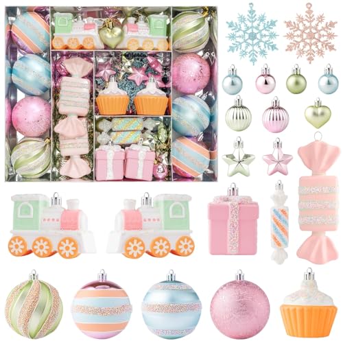 3.15" Pastel Candyland Christmas Ball Ornaments Set, 80 Pcs Cute