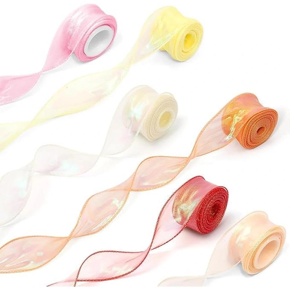 40mm x 6 Rolls Tulle Ribbon, HUANYO Sheer Organza Gift Ribbon Shimmering Assorted Colour Pack (Yellow/Red/Orange) for Wedding, Party, Bouquet Wrapping & Craft Decoration(a# 6pcs)