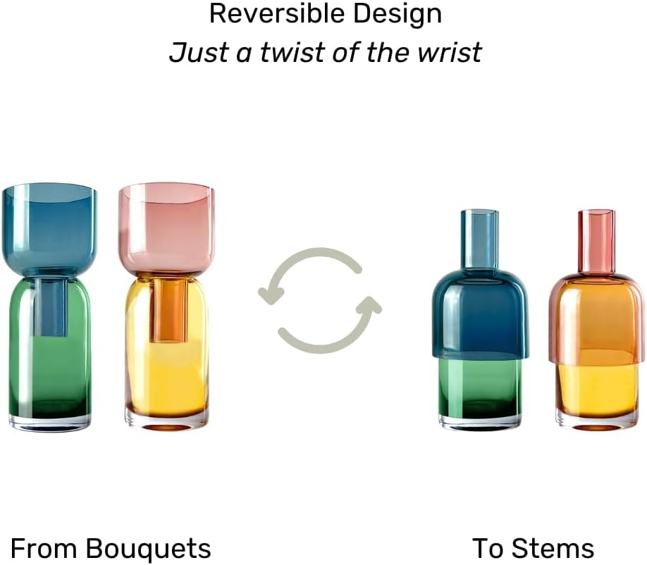 Cloudnola Reversible Glass Flower Vase and Bud Vase Set of 2, Blue & Green and Pink & Yellow, Ideal Gift Set, for Home, Wedding, and Event Decor