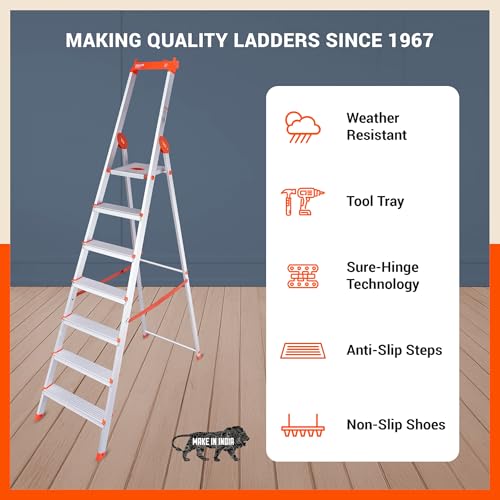 Image of Bathla Elevate 7-Step Foldable Aluminium Ladder for Home with Tool Tray | Anti-Skid | Durable, Heavy Duty, Safe & Stylish | 5-Year Warranty | Orange