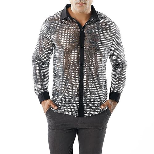 RUIXIA Chemise Disco Homme Chemise Paillettes Brillant Manches Longues Costume de Disco Style Rétro Années 70 80 Tenu Boutonné Semi-Transparent de Danse Bal...