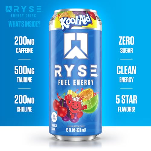 Image of RYSE Fuel Energy Drink - Kool-Aid Tropical Punch - Sugar Free, Gluten Free & Vegan - 200mg Natural Caffeine, Taurine & Choline for Focus & Energy - No Artificial Colors - 16 fl oz Cans (12-Pack)