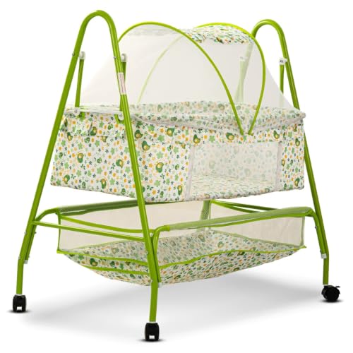 Image of BAYBEE Clora Baby Cradle and Swing with Mosquito Net | Jhula Palna for Newborns | 360 Rotating Lockable Wheels & Storage Basket | Green