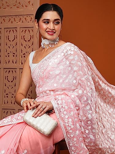Image of AKHILAM Women's Botanical Embroidered Designer Organza Saree With Unstitched Blouse Piece (7KAVI701)
