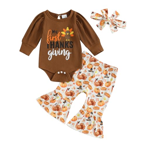 My First Thanksgiving Baby Girl Outfit Newborn Puff Sleeve Ribbed Knit Turkey Bodysuit Flare Pant Headband Clothes