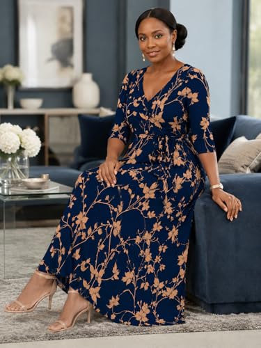 Image of Women's V Neck Floral Maxi Dress 3 /4 Sleeve Plus Size Boho Wrap Flowy Long Dresses with Belt