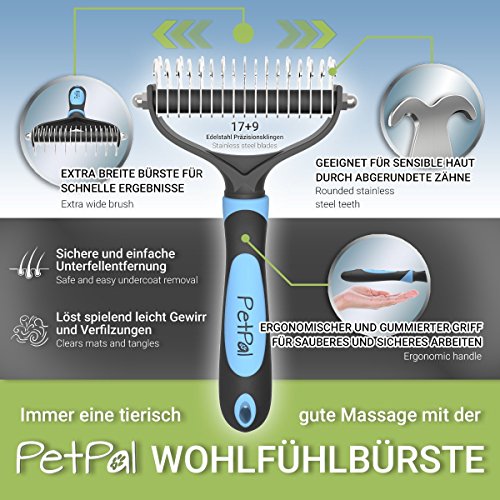 PetPäl Hunde & Katzen Unterwollbürste – Premium Bürste zur Fellpflege - Erleichtert den Fellwechsel – Massagebürste - Entfernt Unterfell & Verfilzungen – Ideal für Haustiere und Pferde