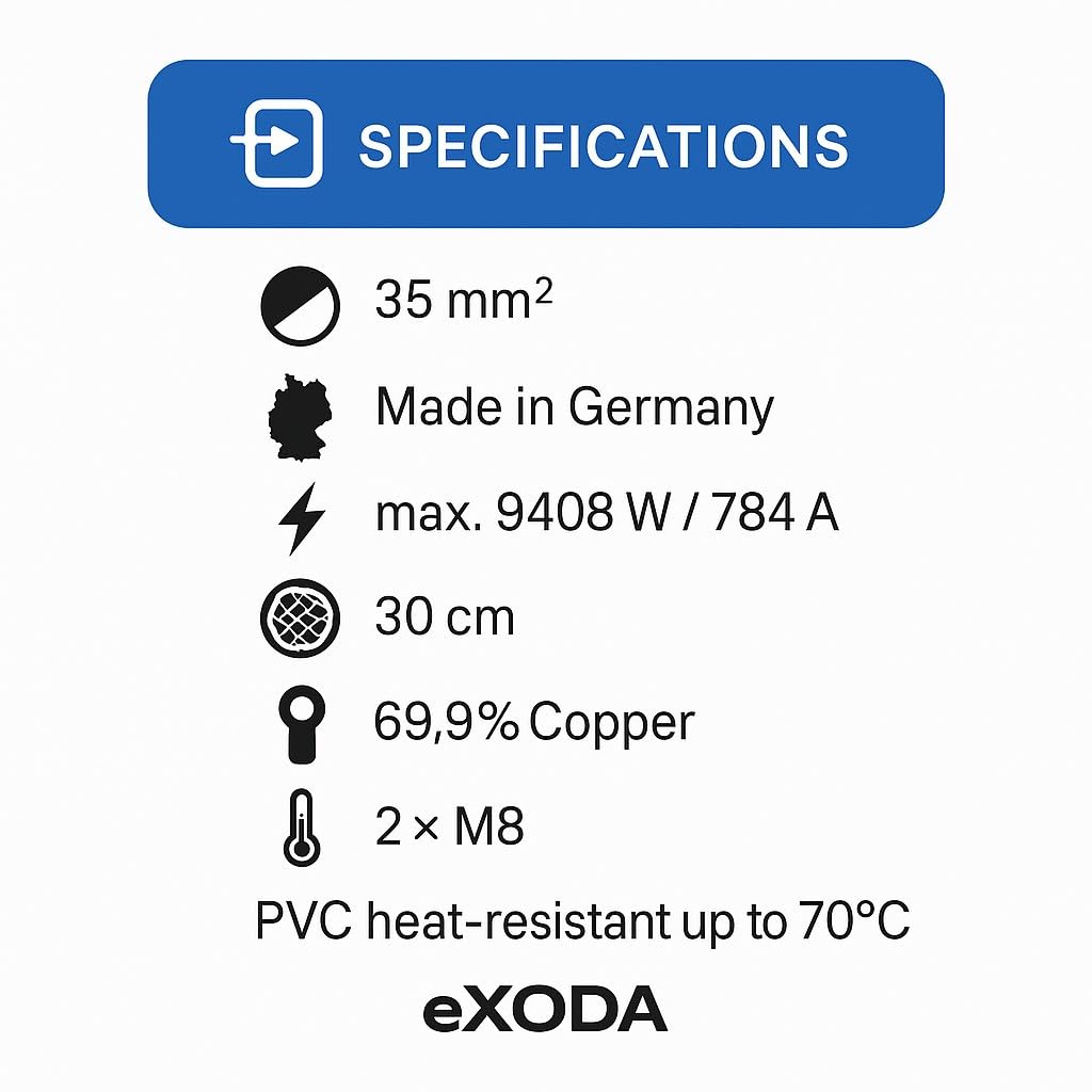 eXODA cavo batteria flessibile 30cm capocorda M8 neri per auto barca moto alta qualità 99 percento rame resistente al calore fino a 70° trasmissione energia affidabile.
