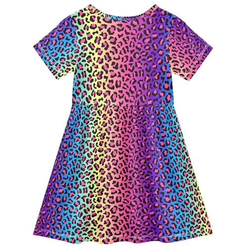 ALAZA Girls Summer Dress Short Sleeve Neon Rainbow Leopard Cheetah Casual Girls Dresses for Kids 2-8 Years2