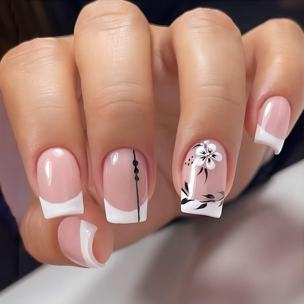 Ink False Nails, Square Stick on Nails, 24pcs French Press On Nails with Glue Elegant Ballet Heart Design Sweet Fake Nails for Women Girls (French Leaf)