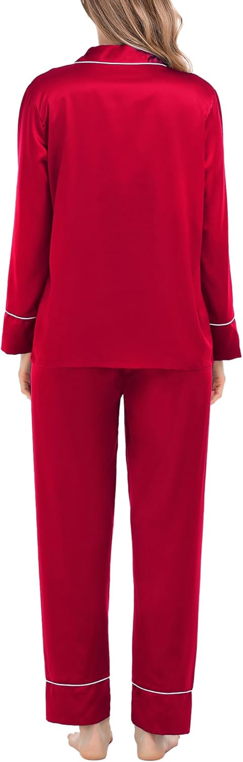 SWOMOG Womens Satin Pajamas Long Sleeve Sleepwear Silk Soft Button Down Loungewear Pjs Set S-XXL - Image 4