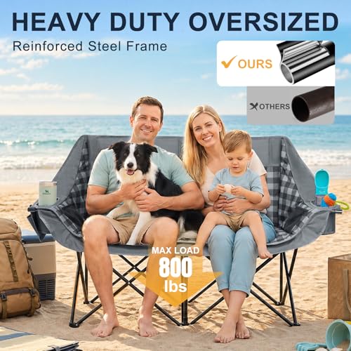 Image of Double Camping Chair 2 Person Loveseat, 800LBS Heavy Duty Chair, Plaid