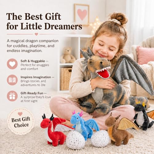 Image of Dragon Plush with 4 Babies, 21.7 inch Dinosaur Stuffed Animal, Gray