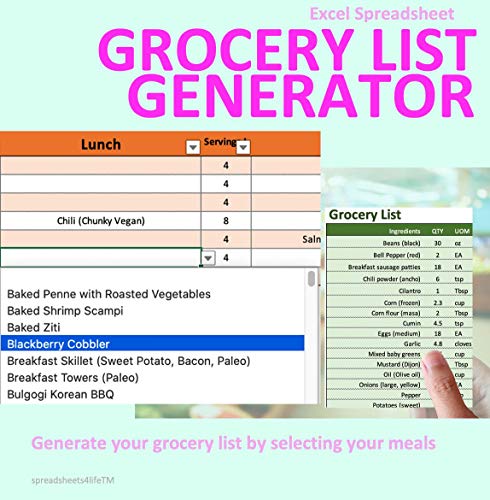 Spreadsheets4Life | Grocery List Generator for Excel 1-Year Subscription | Replace Binder Meal Planner Magnetic Refrigerator Pad Notepads Magnet Weekly Budget Shopping Planning | Cookbook Recipe Cook