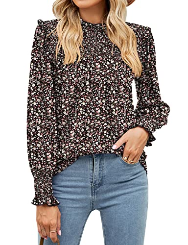 Tcot Retro Floral Shirred Tops Smocked Mock Neck Fungus Keyhole Dressy Blouses Long Sleeve Casual Tunic Shirts Floral Xl #TOP14