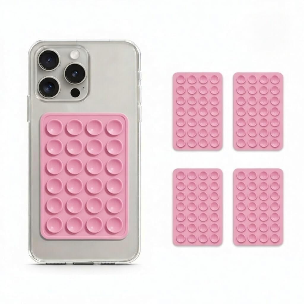 Silicone Suction Phone Case Sticker | Hands-Free Mobile Holder Grip | Strong Suction Pad for Mirror, Shower & Smooth Surfaces | Video Recording Accessory | Pink | Pack of 4-image-43