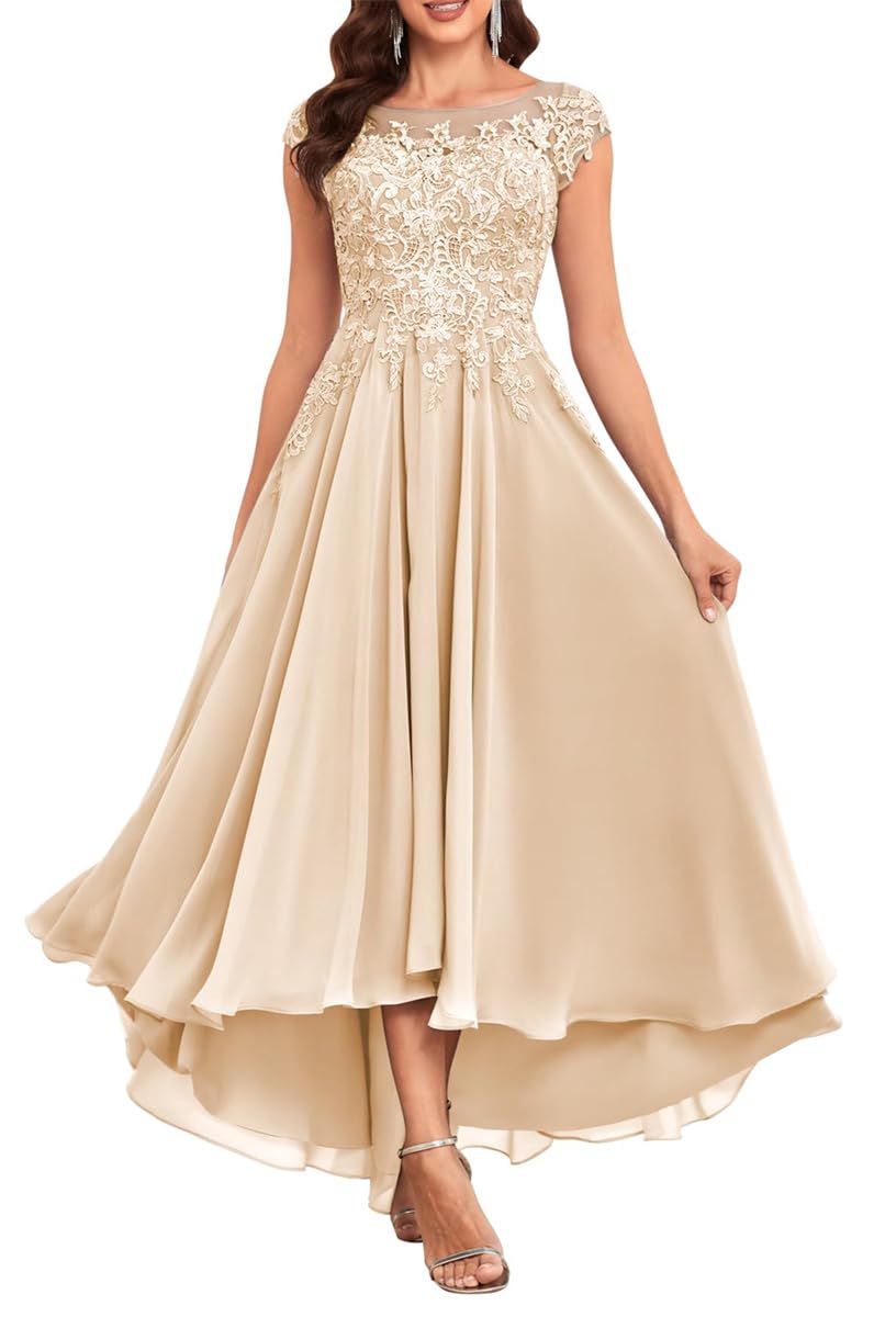 Kurface Women's Champagne Tea Length Mother Of The Bride Dresses With Pockets Petite Short Sleeves Lace Bridesmaid Dresses Uk10