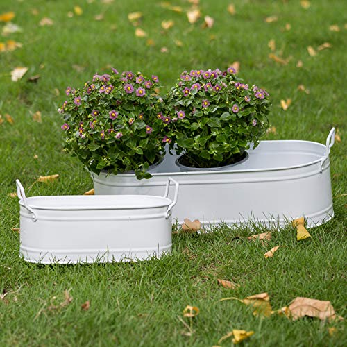 HORTICAN Garden Decor Flower Pot, Versatile Metal Tub for Plants, Oval Garden Container with Handles, Galvanized Zinc, Beverage Tub for Wedding & Parties Indoor or Outdoor (Set of 2)