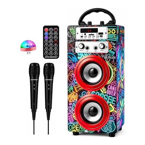 Dynasonic Karaoke Altavoz Bluetooth Portatil, 2 Micrófonos, USB/SD/AUX, Luces LED, Batería Recargable. Regalo para niños, comunión, cumpleaños y Fiestas