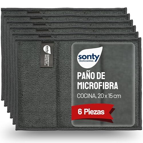Sonty Pack de 6 Bayetas de Microfibra - Paño de Cocina Absorbente con Núcleo de Esponja (Estropajo Anti-Grasa Lavable, 20 x 15 cm)
