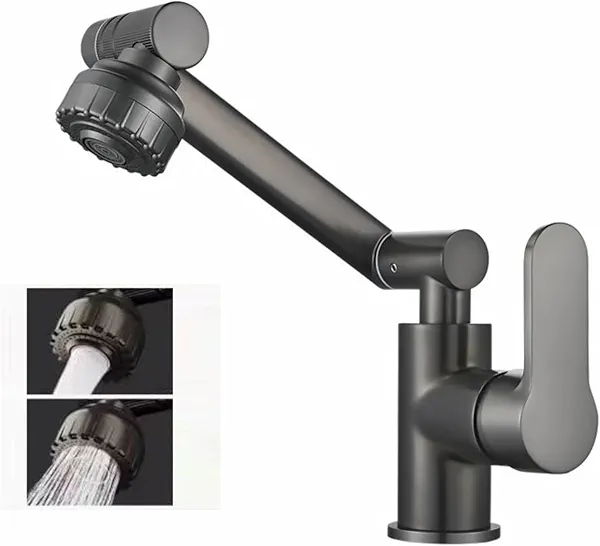 Bathroom Faucet 1080°Rotatable, Water Tap with 2 Water Outlet Modes, Single Hole Single Handle, Mechanical Arm Swivel Faucet for Bathroom Kitchen Sink
