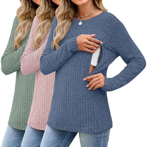 3 Pack Women's Nursing Long Sleeve Tops Breastfeeding Thermal Sweaters with Hidden Zipper Maternity Ribbed Shirts